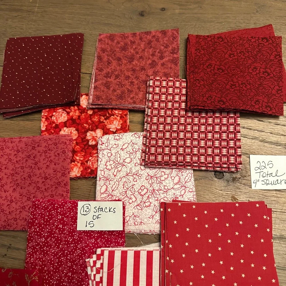 225 Red Burgundy 4 Inch Quilt Squares Fabric Scraps Lot Floral Stars Dots Stripe